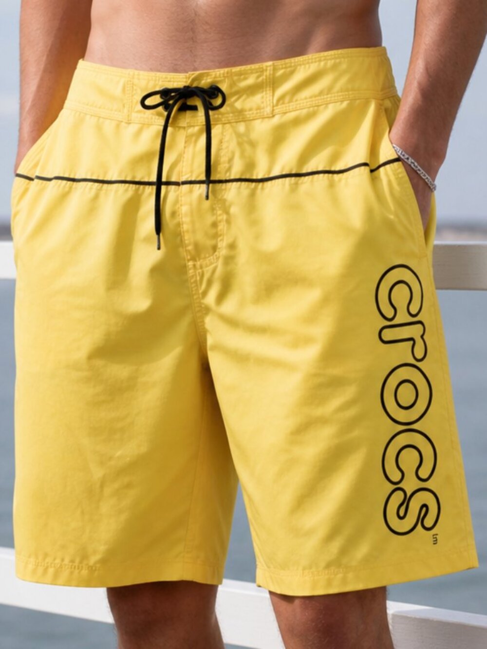 Crocs Men’s Board Shorts Swim Trunks Yellow Mesh Lined Spell Out Logo Size XL